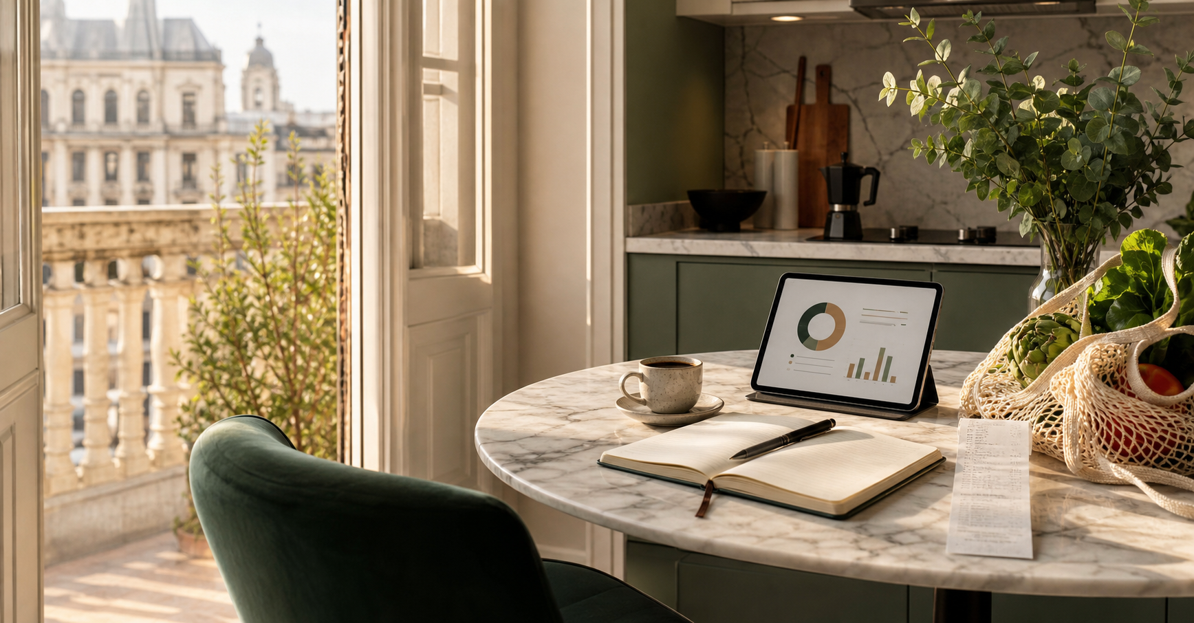 Tavolo con quaderno, ricevuta e tablet per organizzare il budget domestico